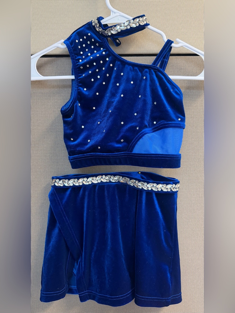 Blue Velvet Two-Piece Kids dance Costume Set with Crystal Trim